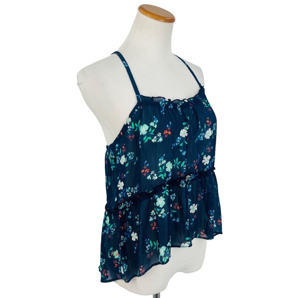NWT Hollister Floral Blue Sleeveless Chiffon Semi-Sheer Peplum Top - Picture 4 of 10